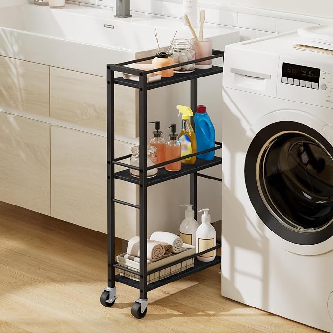 MAHANCRIS Slim Rolling Cart, Mobile Kitchen Cart on Wheels, Narrow Storage Cart for Small Space, Small Bar Cart, for Bathroom, Laundry, Living Room, Black RCHB1501 - Image 2