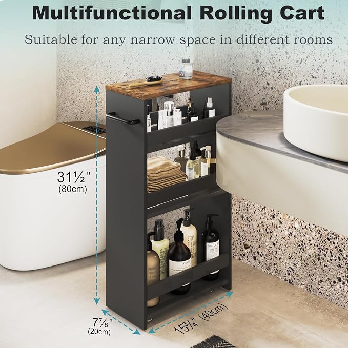 MARTY Slim Rolling Storage Cart 7.9" W Laundry Cart with Wheels,Brown+Black | Narrow Utility Cart Between Washer and Dryer, 3 Tier Mobile Shelving Unit for Kitchen, Laundry, Bathroom, Office, Living Room - Image 3