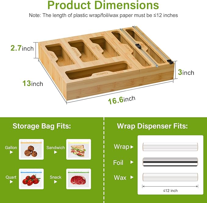 KOCWELL Bamboo Bag Storage Organizer - 2 Wrap Dispenser with Cutter & 4 Slots Food Storage Bags Container - Kitchen Drawer Plastic Bags Storage Organization for Gallon Quart Sandwich Snack Bags - Image 3