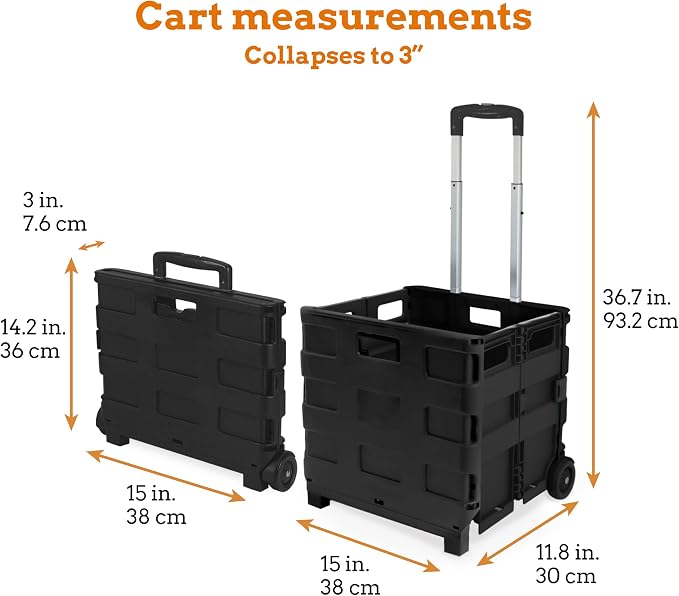 Inspired Living Ultra-Slim Rolling Collapsible Storage Pack-N-Roll Utility-carts, with Telescopic Handle, for Home, Garden, Shopping, Office, School use, Medium, Black - Image 2