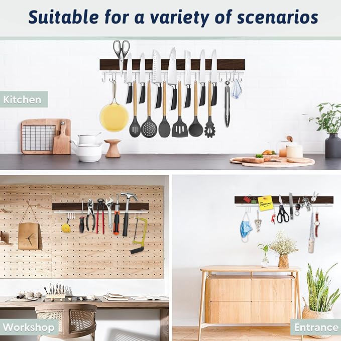 23 Inch Magnetic Knife Holder for Wall - Stainless Steel Magnet Knife Strip No Drill with 15 Hooks/Adhesive Tape/Screws, Wall Mounted Kitchen Utensil Holder, Walnut-Finish Magnetic Knife Organizer - Image 7