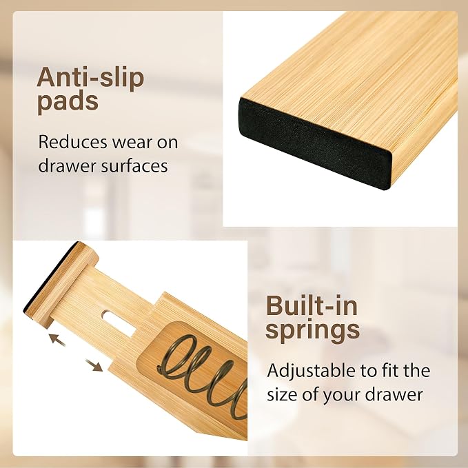 Adjustable Bamboo Drawer Dividers of 8, Expandable Organizers (16.9"-22.2") | Spring-Loaded Kitchen Drawer Organizer, Non-Slip Ends, 2.2" High, Easy Setup & Clean, for Kitchen, Dresser, Clothes, Bath - Image 3