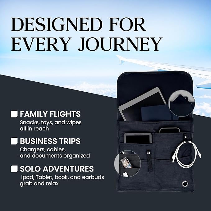 Airplane Pocket Organizer | Tray Table Cover | In Flight Seat Back Organizer Bag | Commuter Essential Travel Bag | Media Pouch For Flying | Travel Gift | Attaches To Luggage - Image 4