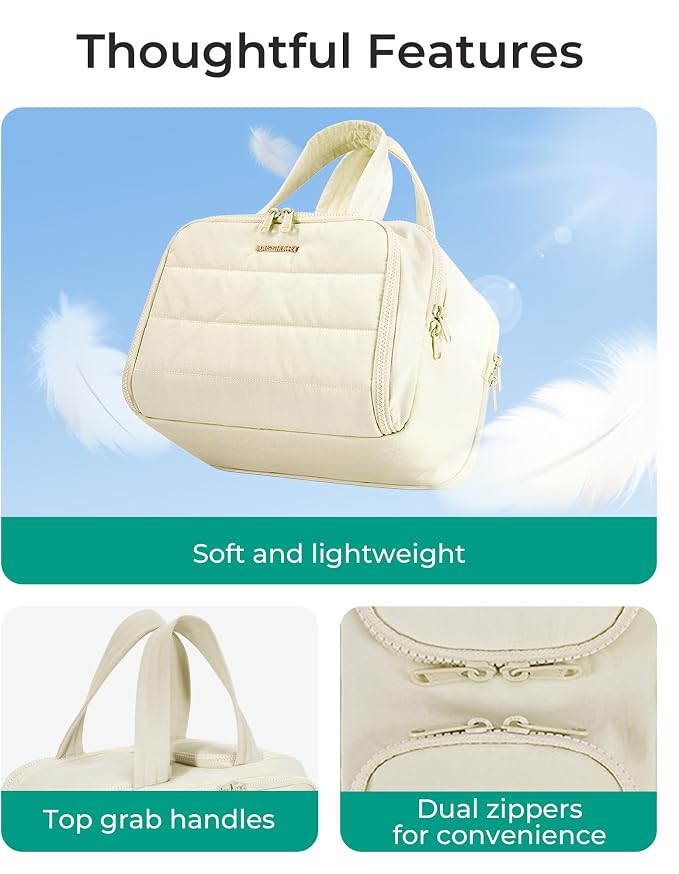 BAGSMART Travel Toiletry Bag, Crush Toiletry Bag for Women, Wide-open Puffy Toiletry Bags for Traveling, Large Travel Cosmetic Makeup Bag Organizer for Accessories,Toiletrie, Beige - Image 3