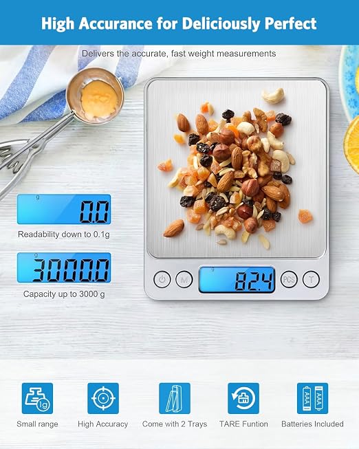 AMIR Digital Kitchen Scale, 3000g 0.01oz/ 0.1g Pocket Coffee Scale, Mini Food Scale, Pro Electronic Jewelry Scale with Back-Lit LCD Display, Tare & PCS Functions, Stainless Steel, Batteries Included - Image 2