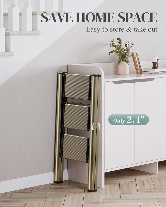 3 Step Ladder, Foldable Aluminum Step Stool with Anti-Slip Pedal | Lightweight yet Sturdy, Portable, Non Slip Feet, 300Lbs Capacity, Elegant Look, for Kitchen, Closet, Pantry, Champagne Gold - Image 7