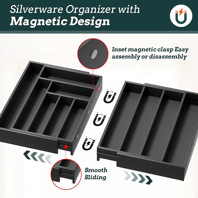 Bamboo Expandable Silverware Drawer Organizer 11 Slots Utensil Holder Black | Magnetic Adjustable Connection, 21-37.4 Inch Telescopic, 11 Divided Compartments, Black Bamboo, Classify All Kitchen Flatware - Image 3