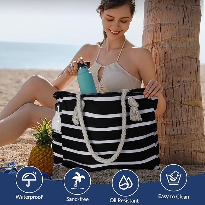 Clothirily Beach Bag for Women, Large Beach Tote Bag Waterproof with Zipper | Large Capacity Swim Pool Bag, Inner Pockets, Sandproof Foldable Beach Tote for Travel Essentials - Image 6