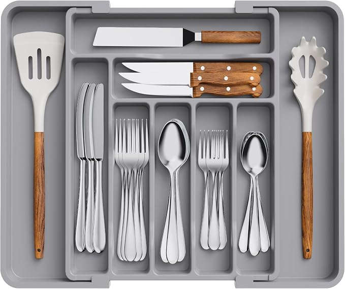 Lifewit Expandable Silverware Drawer Organizer, Kitchen Utensil Tray | BPA-free Plastic Flatware Cutlery Holder, Space-Saving Storage for Spoons Forks Knives, 11.8-19.6 x 15“, Gray by Lifewit