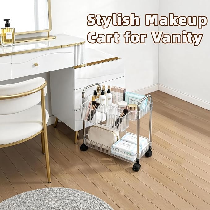 2 Tier Utility Rolling Cart with Wheels Sofa Side Table Small Under Desk Storage Organizer, Clear Acrylic Plastic Mobile Trolley Organization Storage Cart for Kitchen Pantry Bathroom Vanity - Image 2