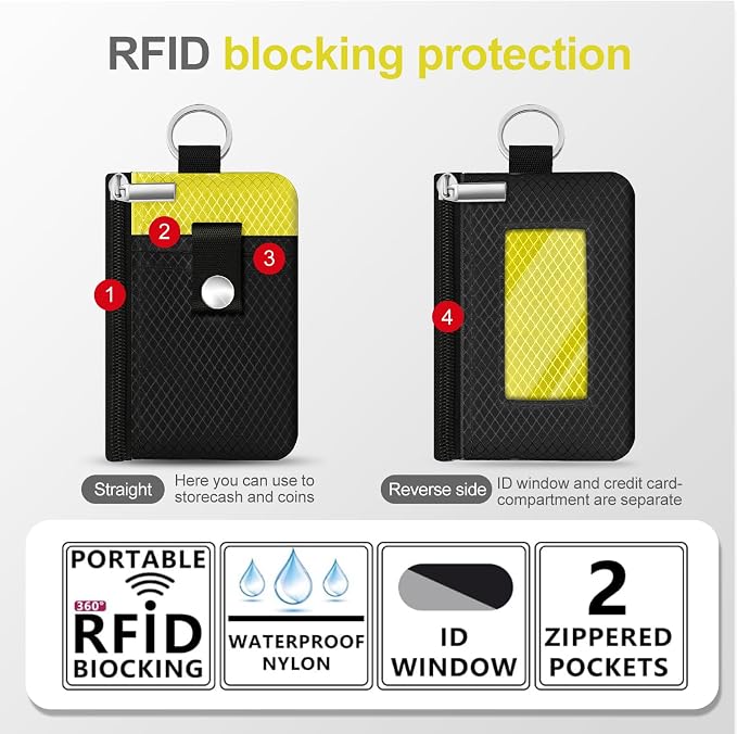 Minimalist RFID Blocking Small Wallet with ID Window,WaterResistant Zip Id Case Wallet with Lanyard Keychain for Cards,Cash,Travel,Women,Men (Black/Lemon Yellow) - Image 2