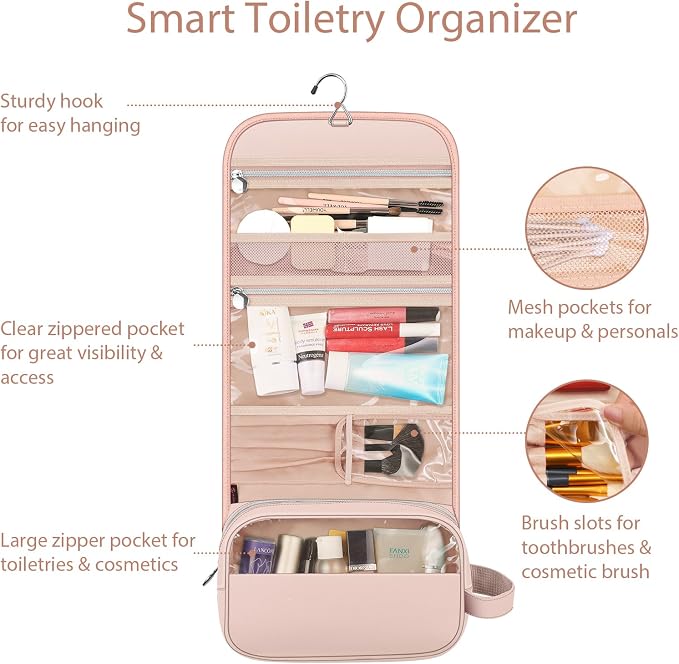 FINTIE Portable Toiletry Cosmetic Travel Bag Hanging Makeup Organizer | Large Water Resistant Storage Pouch Case, For Women Girls, Pink - Image 2