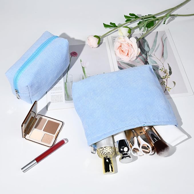 SOIDRAM 2 Pieces Makeup Bag Large Corduroy Cosmetic Bag Capacity Canvas Mix Travel Toiletry Bag Organizer Cute Makeup Brushes Aesthetic Accessories Storage Bag for Women, Corduroy Mix Blue - Image 7