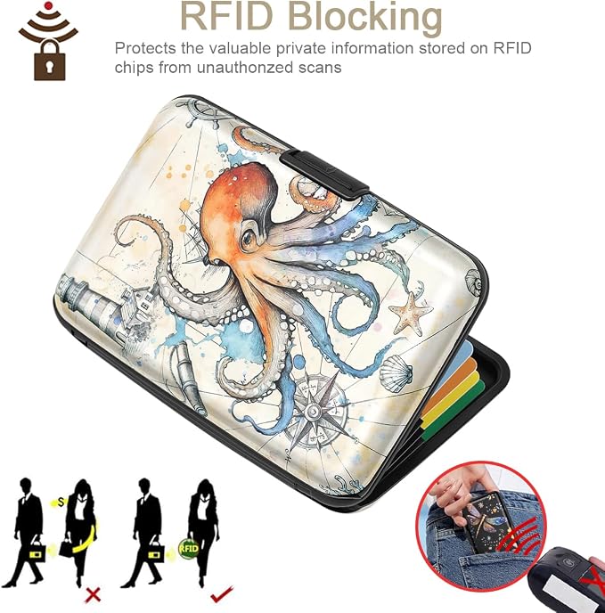 Coco Rossi Credit Card Holder RFID Aluminum Small Mini Wallet Women | Metal Wallet, Business Cards Holder, ID Case, Slim Sleeves, Womens Girls Gift, Carry Proof Wallets for Travel, Octopus - Image 3