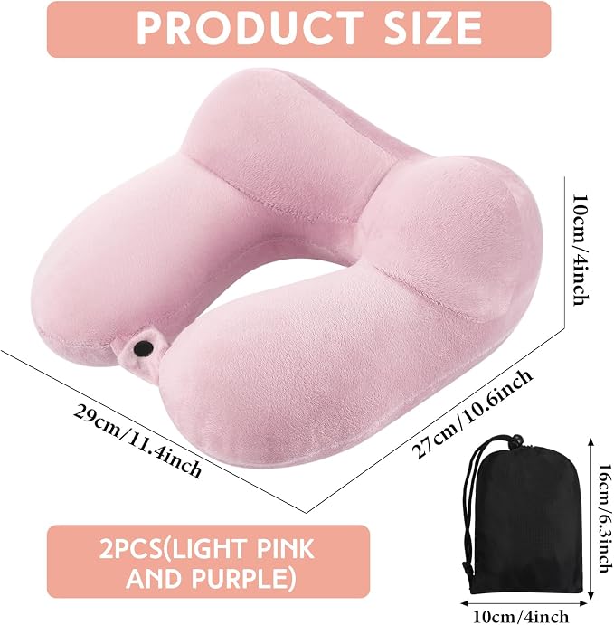 Sintuff 2 Pack Inflatable Travel Pillow for Airplanes Inflatable Neck Flight Pillows with Compact Bag and Blindfold for Traveling, Airplane, Train, Car, Office(Light Pink and Violet) - Image 2