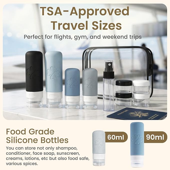 26-Piece TSA Approved Travel Toiletry Kit, Leak-Proof Silicone Refillable Bottles for Shampoo, Conditioner & Lotion, Travel Size Containers with Pill Organizer, Spray Bottle & Sewing Kit - Image 3