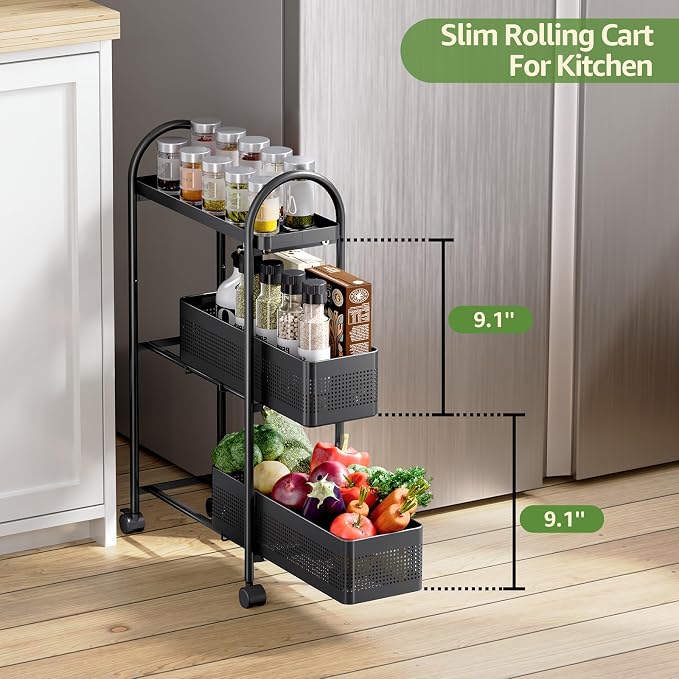 KINGRACK 3 Tier Slim Rolling Cart with Drawer, Metal Utility Storage Cart | 2 Pull-out Baskets, Lockable Wheels, Narrow Space Trolley Organizer for Bathroom, Kitchen, Office, Dorm, Laundry Room, Black - Image 2