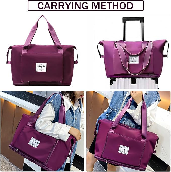 INVODA Travel Bag for Women Expandable Weekender Overnight Bag Carry on Sports Tote Gym Bag Waterproof Foldable Duffel Bag (Fuchsia) - Image 4