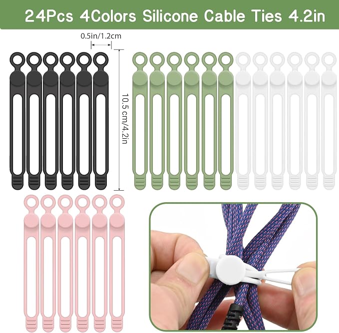 Silicone Cable Organizer Ties, Reusable Elastic Cord Ties 4.2in for Charging Cables, Electrical Cords Computer Wire Organization(24Pcs, 4Colors) - Image 3