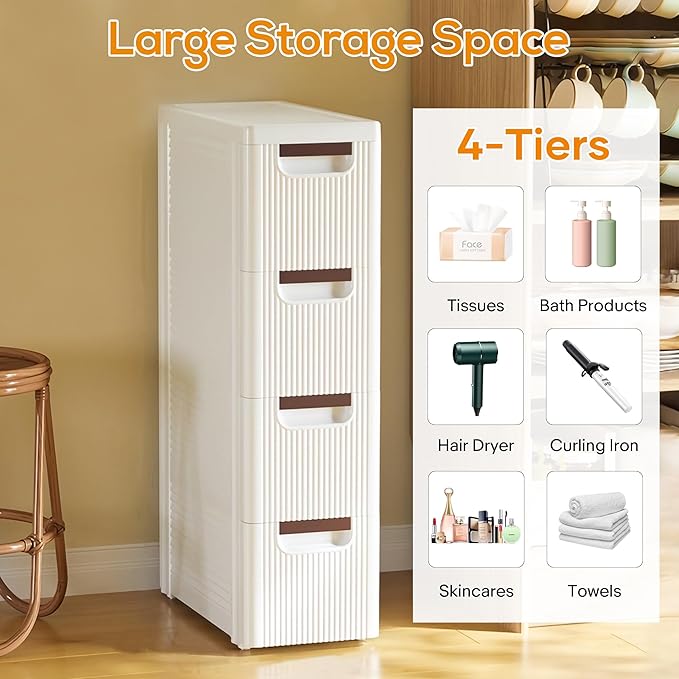 4 Drawers Slim Bathroom Storage Cabinet Dresser, Narrow Plastic Rolling Cart Organizer with Drawers, for Small Spaces, Kitchen, Laundry, Office, Bedroom, White - Image 3