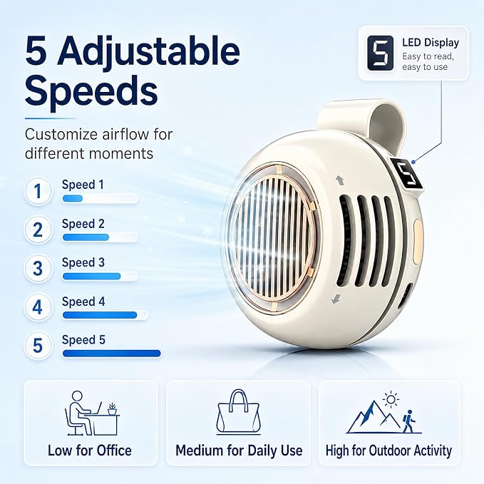 Portable Clip on Fan, Bladeless Waist Clip Fan with 5 Speeds, USB-C Rechargeable Mini Quiet Fan, LED Display, 1000mAh Battery, 82g Lightweight, Up to 6 Hours for Outdoor Office Travel Sports, Beige - Image 4