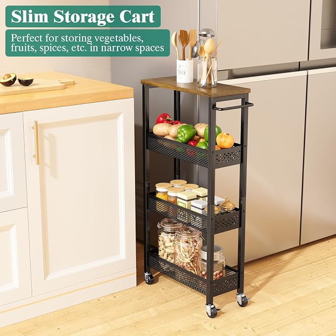 Slim Rolling Storage Cart 4 Tier Bathroom Organizer Mobile Shelving Unit Utility Cart with Wood Top and Handle for Kitchen Laundry Narrow Places, Black - Image 2