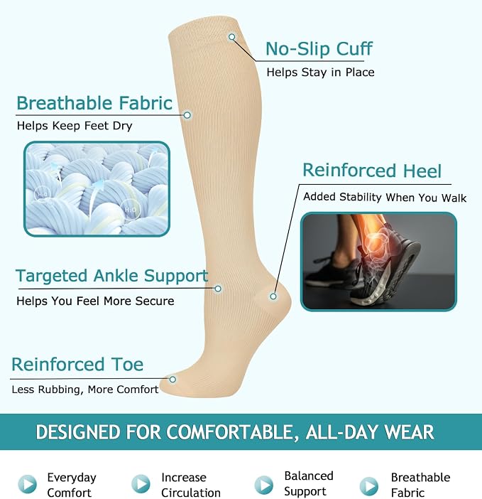 8 Pairs Compression Socks Women Men 15-20mmHg Knee High Support Circulation | Copper Nylon Graduated Stockings,Leg Fatigue, Nurses, Pregnancy, Running, Travel, Flight, Athletic, Medical - Image 3