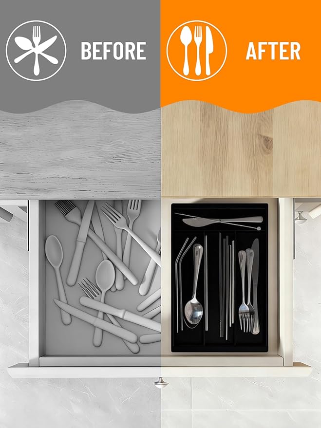 Silverware Drawer Organizer Tray (Black) | Adjustable Small Utensil Holder for Spoon and Fork, Expandable Flatware Cutlery Tray for Kitchen Drawers - Image 5