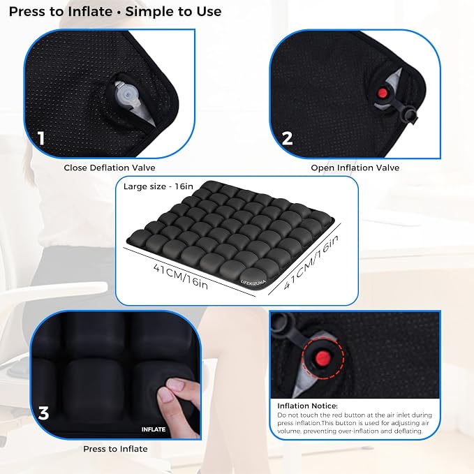 Airplane Seat Cushion, Inflatable Seat Cushion, Travel Cushion | with No External Air Pump, for Car, Airplane, Office, Ergonomic Comfort Support, Adjustable Air Cushion with Non-Skid Bottom - Image 8