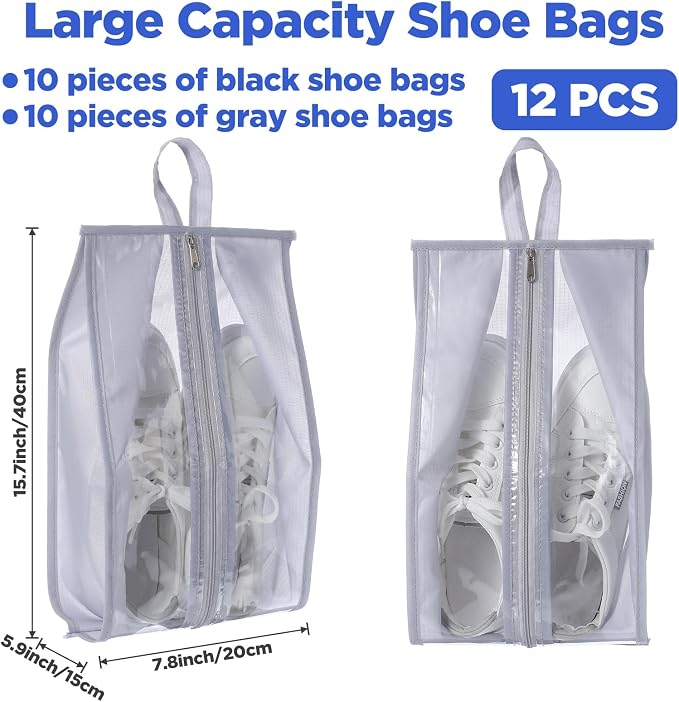 12 Pack Waterproof Shoe Bags for Travel, Portable Shoes Organizer with Zipper, Black and Grey Shoe Pouches for Men and Women - Image 2