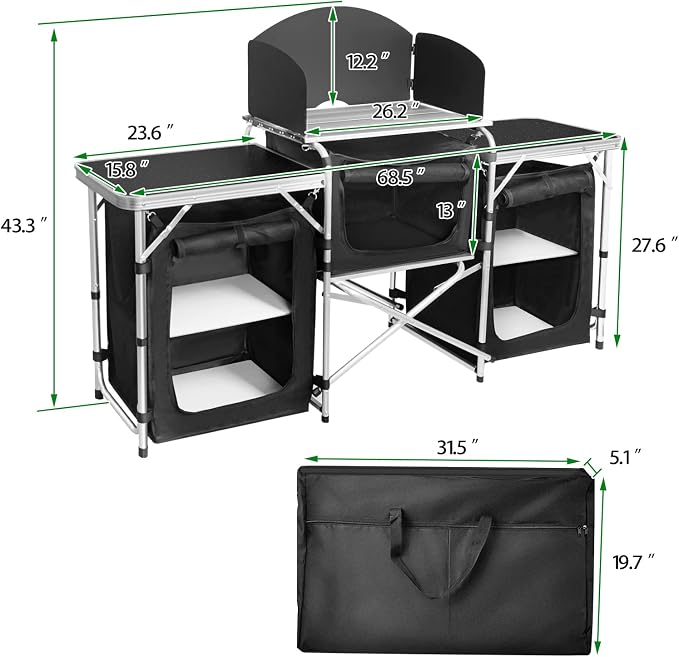 CampLand Folding Camping Kitchen Table with Windscreen,Portable Outdoor Cooking Station with Storage Cabinet & Side Tables Heavy Duty Camp Cook Station for Camping & BBQ (Black3cabinet) - Image 3