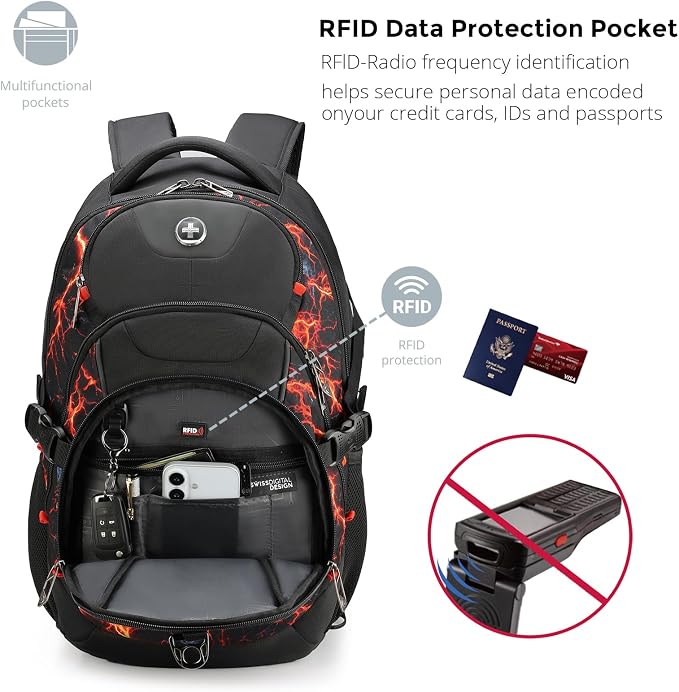 Swissdigital Laptop Backpack with USB Charging Port, Travel Backpack Fits 15.6 inches Computer, 31L Backpack for Men, Flame Red | SD803-97 - Image 4