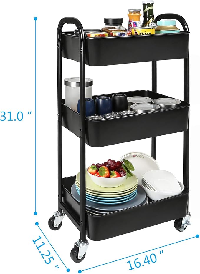 3-Tier Rolling Utility Cart with Caster Wheels Easy Assembly, Black | Easy Assembly, multi-purpose storage trolley for kitchen, rolling cart with smooth caster wheels for bathroom - Image 3