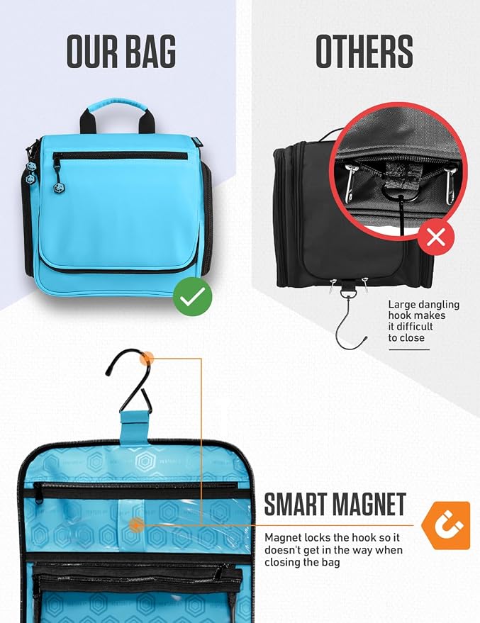 VENTURE 4TH Hanging Travel Toiletry Bag 18 Compartments - Tiffany Blue | Hangs on rails, hooks or doors; stands upright. Removable TSA pouch. Water-resistant Nylon 290D Twill, reinforced stitching. - Image 6