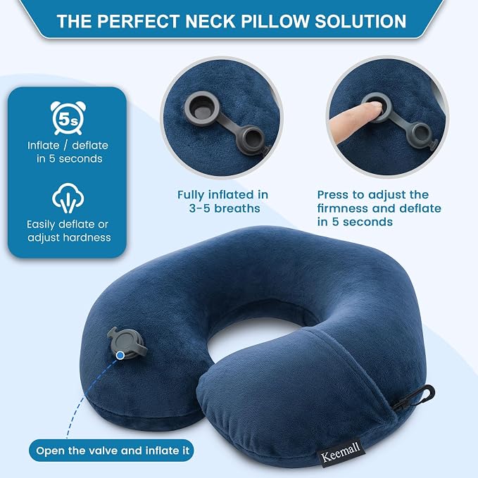Keemall Inflatable Neck & Shoulder Travel Pillow for Airplane Naps | Portable Foldable Neck & Back Support with Adjustable Firmness, Headrest for Long Flights & Travel Sleep, Deep Blue - Image 3