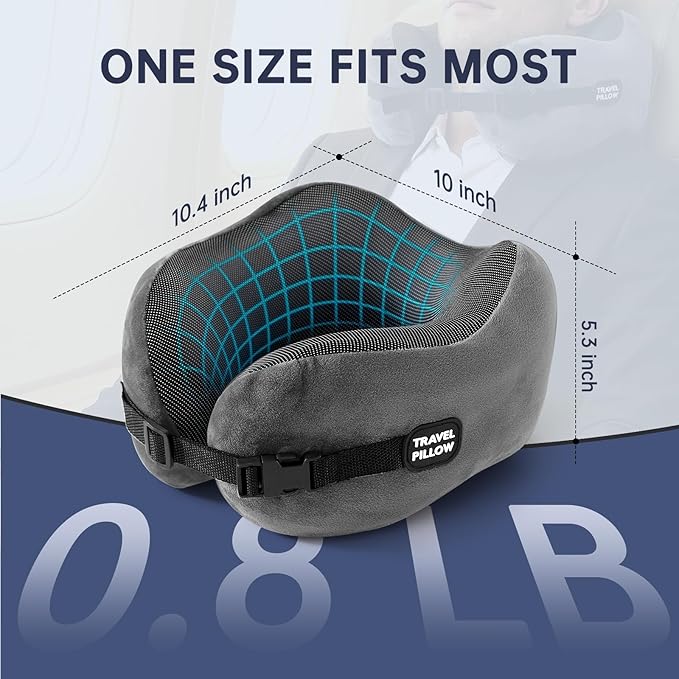 Neck Pillow Travel Pillow - 100% Pure Memory Foam Airplane Pillow with Adjustable Clasp & Removable Cover, Portable Travel Essentials for Long Flights, Car & Office (Dark Gray) - Image 2