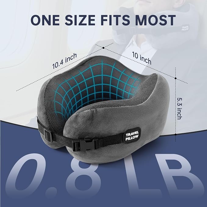 Neck Pillow Travel Pillow - 100% Pure Memory Foam Airplane Pillow with Adjustable Clasp & Removable Cover, Portable Travel Essentials for Long Flights, Car & Office (Dark Gray, with Eye Mask) - Image 2