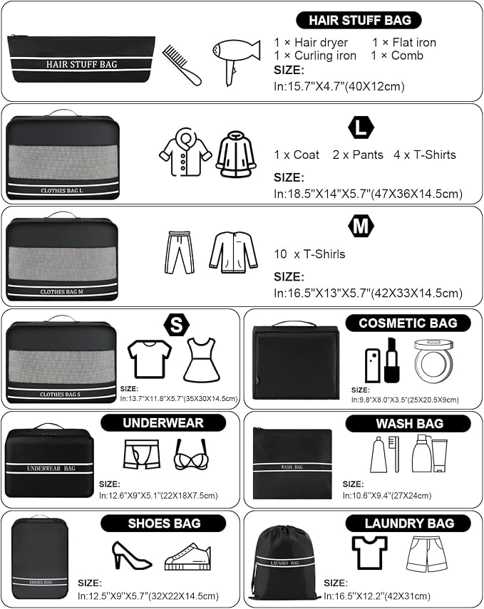 9 Set Packing Cubes Luggage Packing Organizers for Travel Accessories Space Saving Travel Bags for Carry On, Lightweight Mesh Zipper, Clothes, Shoes, Laundry and Shoe Bag, Suitcases (BLACK) - Image 4