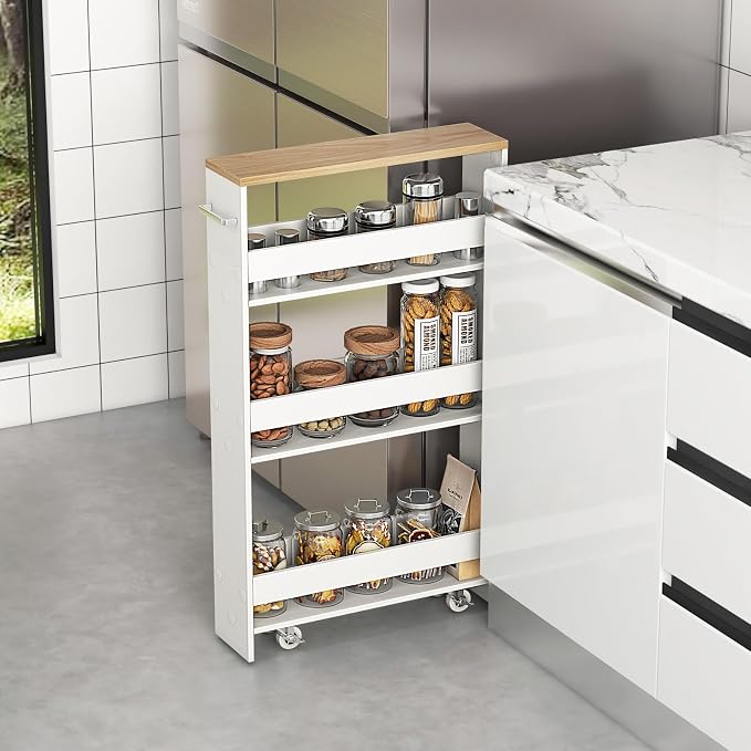 COSTWAY Slim 4-Tier Rolling Utility Cart, Wooden Shelving Unit with Handle & Wheels, Ideal for Small Spaces - Image 2