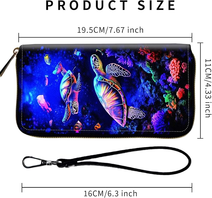 Wallet,Leather Long Wallet Suitable For Ladies And Teenagers - Detachable Wristband + RFID Travel Wallet With Card Slot - Neon Sea Turtles - Image 2