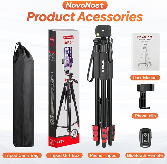 65" Phone Tripod Stand for iPhone Camera Wireless Remote & Holder | 574g Ultra-Lightweight 65" Height. Max Load 4.4lb. 360° Pan Head for Vlogging. Includes Bluetooth Remote & Tripod Carry Bag - Image 7