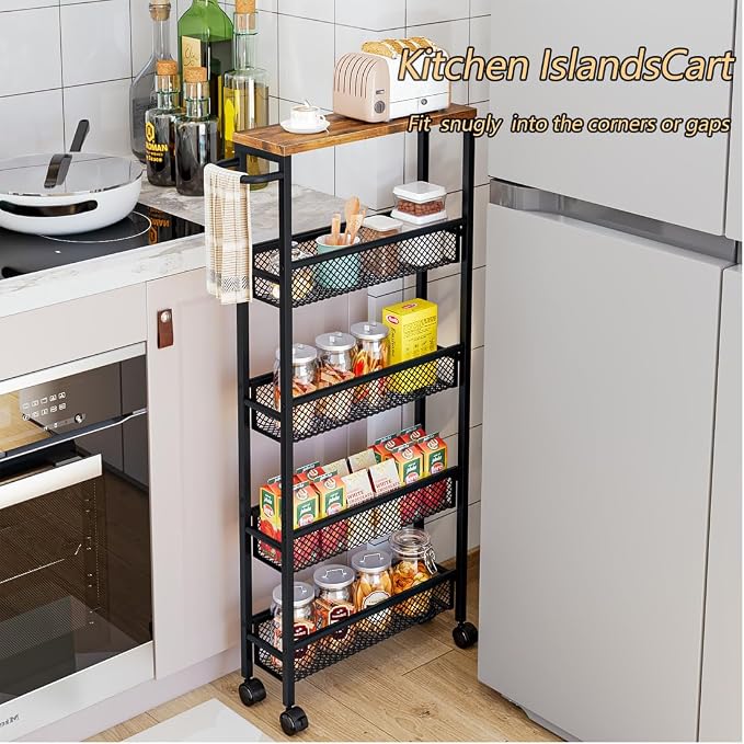 Slim Rolling Cart 5 Tier Narrow Storage Cart on Wheels with Handle | Lockable Wheels, Wood Top Panel, Metal Frame Utility Carts for Kitchen, Dining, Living, Home Office, Laundry Room - Image 2