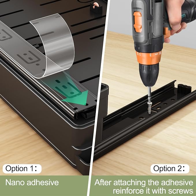 DOMNIU Pull Out Cabinet Organizers Expandable,Black,16.9"Depth,2 Pack | Slide Out Drawers for Kitchen, Bathroom, Pantry, Under Sink Storage, Fixed with Adhesive Nano Film (11.6''-17.5'') - Image 8