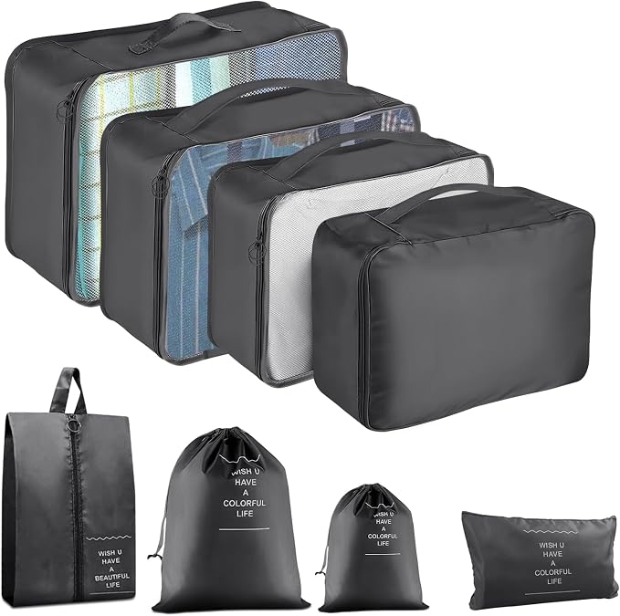 Packing Cubes for Travel- 8 Set Luggage Organizer Bags for Family, Mesh Breathable Travel Packing Cubes for Suitcases Durable Travel Essentials Bags Set (Black, 8 Set) by YEEYAA