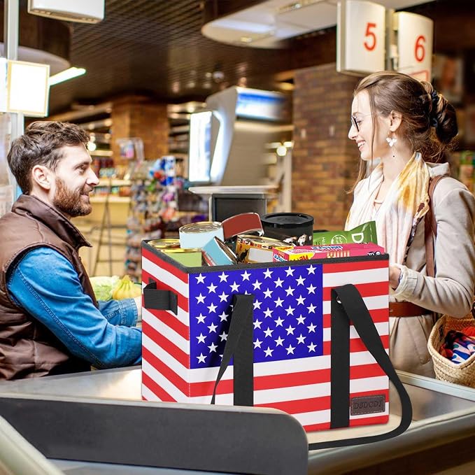 Patriotic Bags - Heavy Duty Reusable Grocery Bags with Hard Bottom & Long Handles, Foldable Reusable Shopping Bags with Box Shape to Stand Up, 3 Pack, Patriotic - Image 3