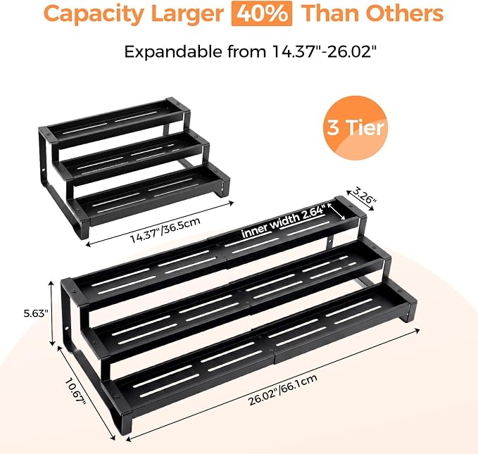 Spice Rack Organizer for Cabinet, 3-Tier Expandable 14.37"–26.02" Seasoning Organizer Shelf – Sturdy Metal Spicy Shelf for Jar & Bottle Storage in Kitchen Cabinet & Pantry, Black - Image 3