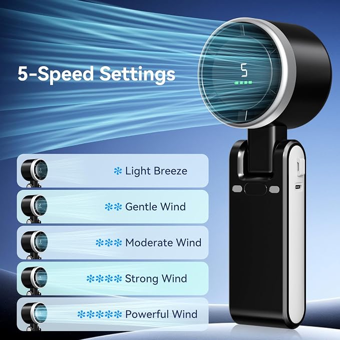 Portable Fan, Mini Fan, Handheld Turbo Fan, Portable Rechargeable Fan, 5-Speed, LED Display, Foldable Design (Pink) - Image 3