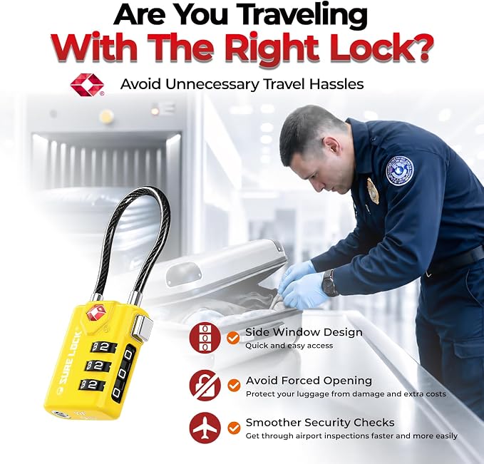 SURE LOCK TSA Approved Luggage Locks with Open Alert Indicator, 3 Digit Combination Cable Travel Lock for Suitcase, Backpack, Gym Locker, Toolbox & Travel Bag(2, Yellow) - Image 4