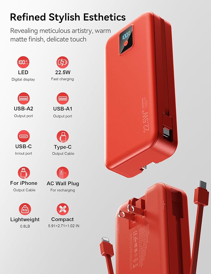 Portable Charger 20000mAh 22.5W w/Built-in Cable & Wall Plug Red | High capacity, Fast charging, Built-in cables & wall plug, LED display, Charge 5 devices at once, Pass through, TSA approved - Image 6
