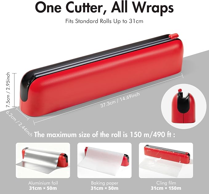 Aluminum Foil & Plastic Wrap Dispenser with Cutter - Easy One-Hand Operation, Space-Saving Kitchen Organizer for Worktops & Cabinets, Magnetic Cling Film Dispenser - Fits 12" Rolls, Red - Image 4